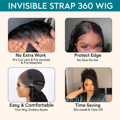 Water Wave Invisi Strap Snug Fit Ashimary Hair 360 Transparent Lace Frontal Bleached Knots Pre Cut Lace Wig